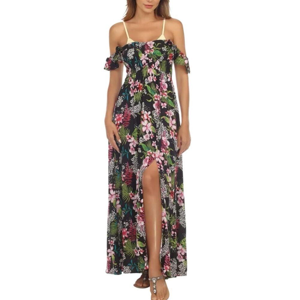 BoHo Me Smocked Off-The-Shoulder Swim Cover-Up Maxi Dress Size Medium